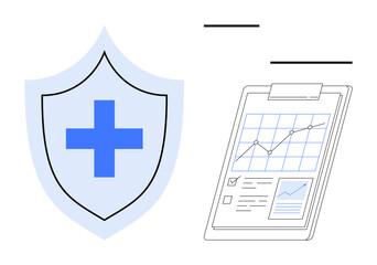 Obraz premium Shield with a cross beside a clipboard with a detailed medical chart and data. Ideal for healthcare, insurance, medical research, risk management, data analysis, prevention, well-being. Simple flat