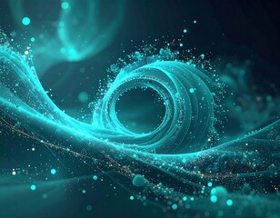 Abstract depiction of a swirling teal vortex with sparkling particles