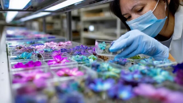 Scientist carefully examines vibrant mutated flowers showcasing unique color patterns and petal shapes in a controlled breeding laboratory environment.