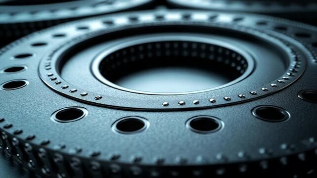 Close-up of intricate metallic gears in dark setting