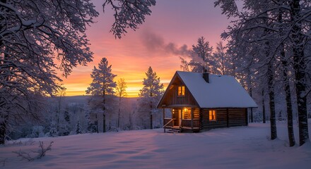 Cozy cabin nestled in a snowy forest at sunset, warm lights.