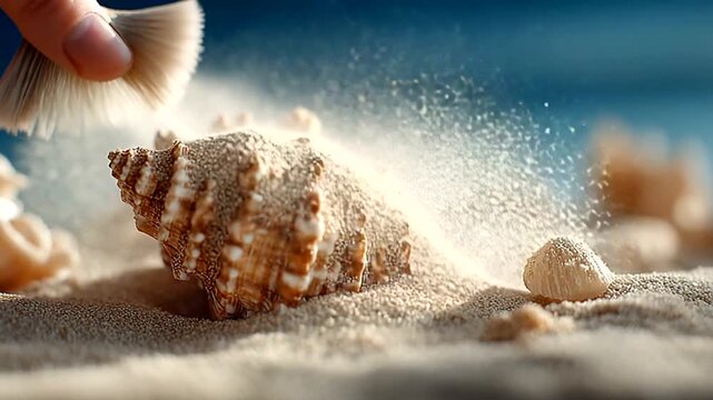 Close-up of Shell Being Brushed with Sand on Beach