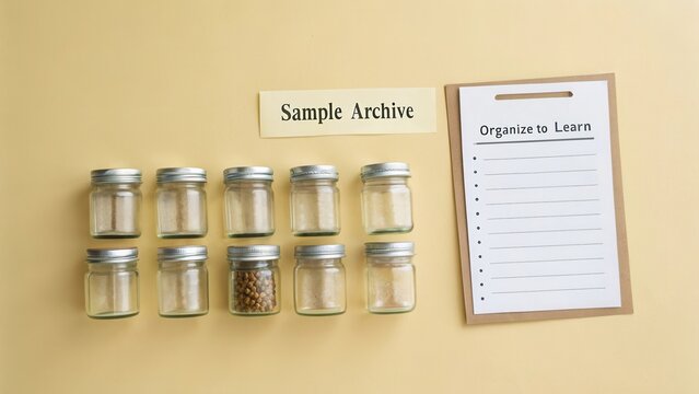 Organized Glass Jars with Labeled Archive and Checklist for Efficient Learning and Sample Management in a Minimalistic Setup
