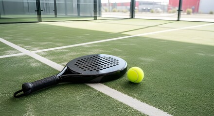 Paddle tennis racket. Background with copy space. Sports field and ball