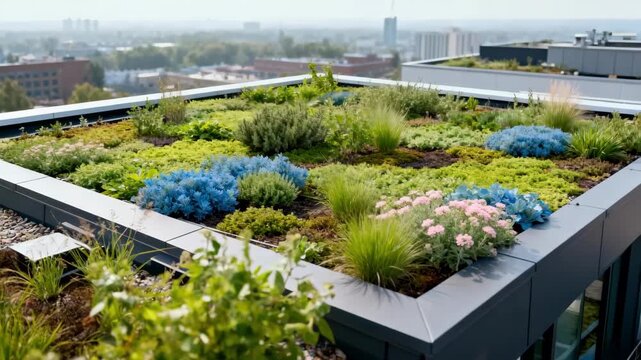 Medium shot of a completed green roof with mixed plantings emphasizing the environmental advantages and beauty of ecoconscious urban design.