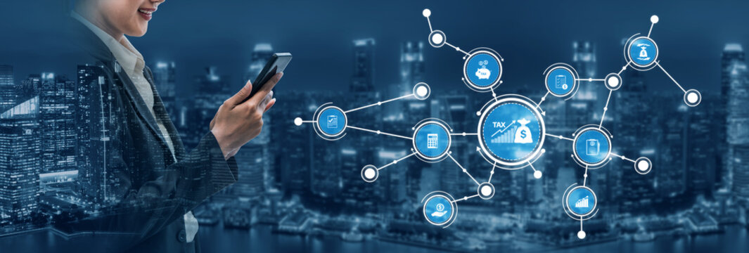 A professional woman engages with her smartphone against a stunning city skyline. The image features digital finance elements showcasing modern financial management and analytics. Tessel - Powered by Adobe