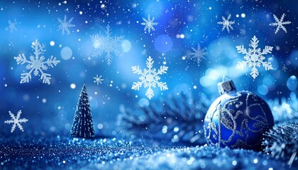 Sparkling blue Christmas scene with snowflakes, ornaments, and a tiny Christmas tree in the distance. Evoking warmth, wonder, and joy of the holiday season.