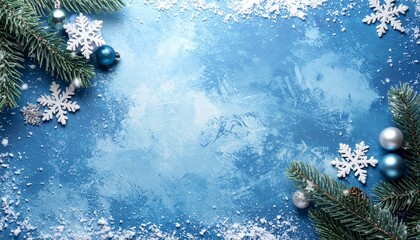 Elegant winter background framed with pine branches, silver snowflakes, and soft frosty textures on blue surface. Perfect for holiday greetings, invitations, and seasonal promotions.