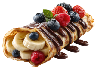 Rolled crepe filled with banana slices and topped with mixed berries and chocolate sauce