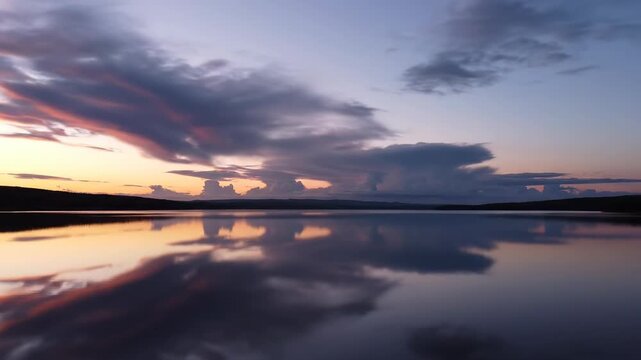 Majestic timelapse of dramatic clouds scudding across the sky, perfectly reflected on a serene lake surface at sunset scudding, outdoor, open air