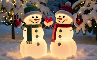 Obraz premium Joyful glowing snowmen sharing gifts in a magical winter scene