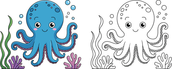 Cartoon octopus underwater illustration, cute marine animal coloring page, ocean sea life vector drawing, children educational activity art design