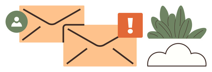 Two envelopes with user icon and alert sign, a white cloud, and green plant. Ideal for communication, notifications, email management, online messaging, alerts, cloud services digital organization