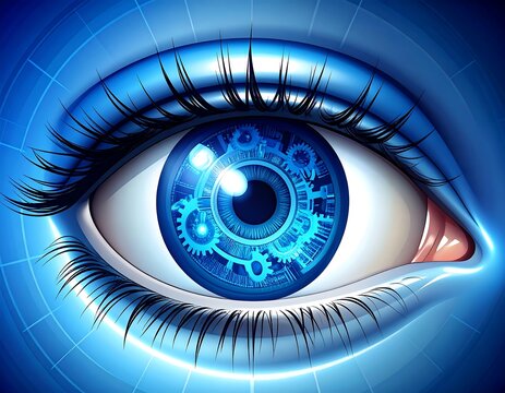 Close-up illustration of a digital eye with inner gears
