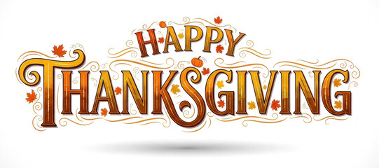 A festive Thanksgiving greeting with the words 'Happy Thanksgiving' and autumn leaves.