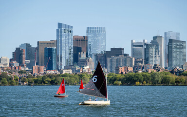People are surfing in Charles river under a sunny day