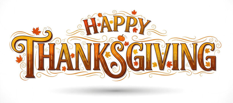A festive Thanksgiving greeting with the words 'Happy Thanksgiving' and autumn leaves.