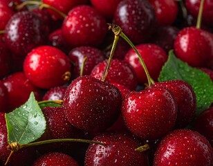 Close-up of plump, glistening red cherries with stems and leaves