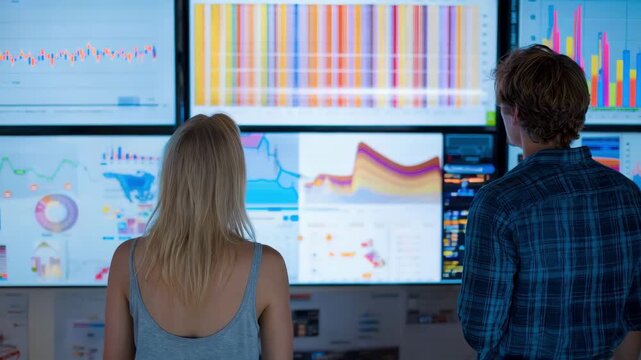Advertising experts reviewing TV commercial performance analytics on a digital dashboard to enhance viewer targeting effectiveness.
