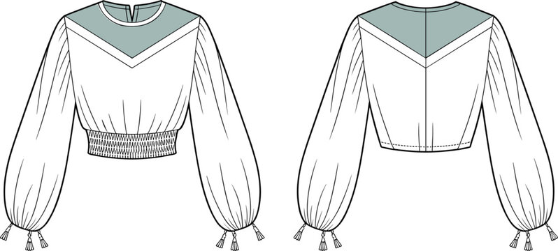 Technical Fashion CAD Flat Drawing Vector Illustration Cropped Boho Blouse Balloon Sleeve Smocked Hem Tassel Detail Apparel Template Front and Back View Mockup
