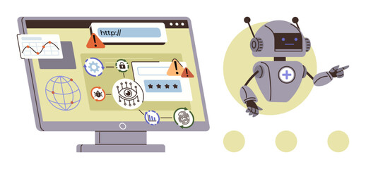 Robot interacting with a computer showing cybersecurity alerts, data analytics, and global connectivity icons. Ideal for technology, data protection, AI analysis, internet safety, innovation, IT