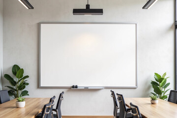 Modern Conference Room with Blank Whiteboard for Presentation.