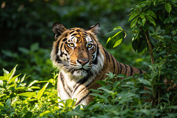 Alert Tiger Watching Through Leaves