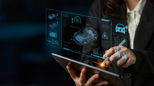 Technical layout of electric vehicle showing battery system, power control, traction motor, charging interface, and integration with renewable and smart energy sources Latch
