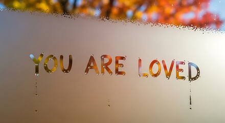 You are loved message written on a foggy window with autumn colors visible in the background creating a warm and comforting atmosphere