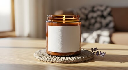 Elegant Scented Candle in Glass Jar with Blank Label for Branding Mockup