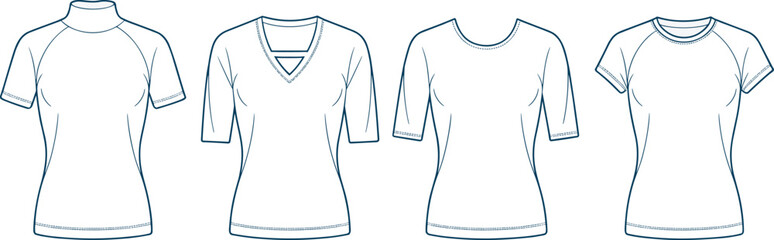 Technical Fashion CAD Flat Drawing Vector Illustration Basic Knit T-Shirt Pack Neckline Variations Apparel Template Design Front View Mockup