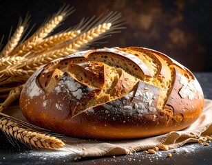 Crusty loaf of bread with scoring, surrounded by wheat stalks