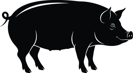 Pig silhouette facing right in profile view, livestock concept, cad drawing flat vector illustration, farm animal design, agriculture reference art