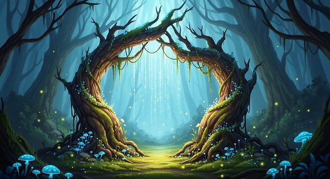 Enchanted forest path with glowing mushrooms and magical light shining through arching trees creating a serene and mystical fantasy landscape scene