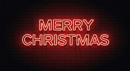 Festive merry christmas neon sign glowing brightly against a dark brick wall creating a warm and inviting holiday atmosphere for seasonal greetings and celebrations