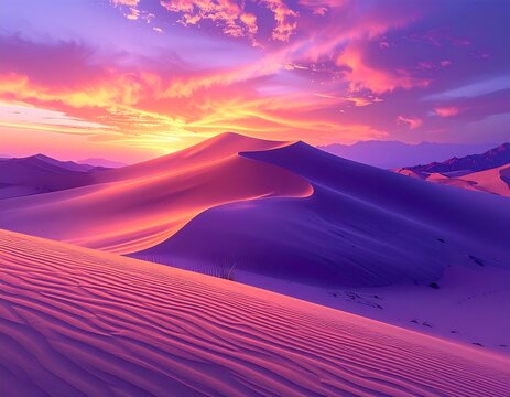 Desert dunes under a vibrant sunset with pink, purple, and orange hues