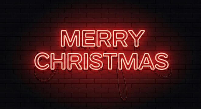 Festive merry christmas neon sign glowing brightly against a dark brick wall creating a warm and inviting holiday atmosphere for seasonal greetings and celebrations