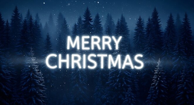 Merry christmas text glowing in a snowy winter forest scene with tall pine trees and falling snow creating a festive holiday atmosphere for christmas cards