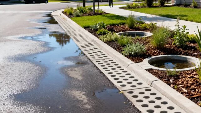 Medium shot capturing infiltration system with permeable pavement and rain gardens reducing surface runoff in a suburban street.
