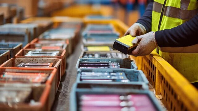 Medium shot of a worker sealing battery waste boxes filled with mixed battery types to ensure secure transport and recycling compliance