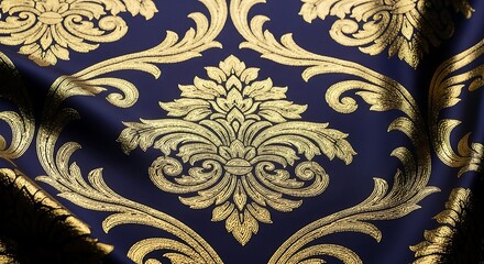 Luxurious navy blue fabric with intricate gold damask pattern creating a rich and elegant texture ideal for backgrounds and sophisticated design projects