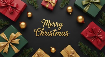 Festive merry christmas background with colorful gift boxes and ornaments on a dark surface creating a joyful holiday season atmosphere