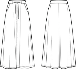 Technical Fashion CAD Flat Drawing Vector Illustration Midi A-Line Skirt Template Women's Apparel Design Drawstring Waist Front and Back View Mockup