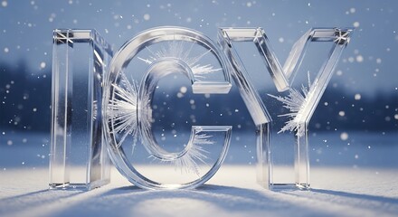 Word icy rendered in clear ice with frost forming inside the letters on a snowy landscape with a blurred background and falling snow creating a winter scene