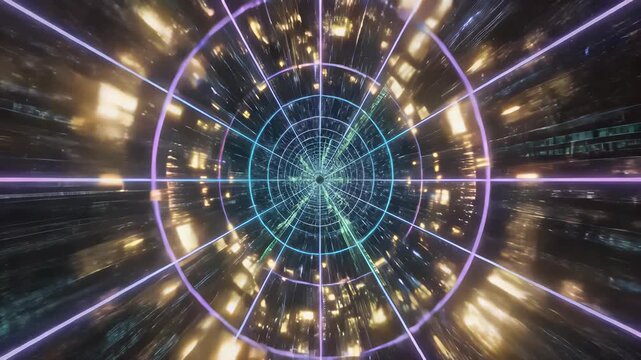 Futuristic tunnels circular design on wall dominates this digital image featuring intricate clock numbers, computer screen displaying similar numerical sequence, and circular object with blue.