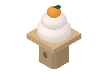 Isometric Kagami Mochi on Wooden Stand &ndash; Japanese New Year Decoration