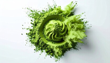 Obraz premium Vibrant Green Matcha Powder Explosion on White Background.