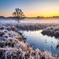 Serene sunrise over a frosty field and calm stream