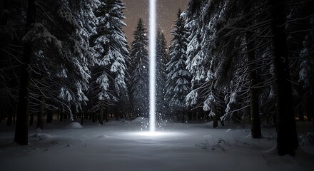 Beam of light shining through snow covered trees in a winter forest creating a magical and ethereal scene perfect for fantasy and holiday themed projects