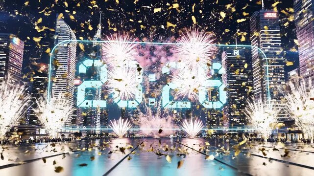 New Year Countdown Clock With Fireworks Over City Skyline.